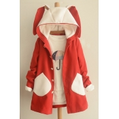 Cute Contrast Rabbit Ear Hooded Single Breasted Long Sleeve Coat with Two Contrast Pockets