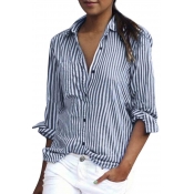 Women Vertical Stripe Lapel Casual Long Sleeve Button Pocket Blouse Shirts