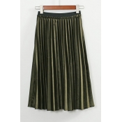 New Retro Style High Waist Plain Midi Pleated Skirt