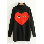 Peppy Style High Neck Contrast Cartoon Heart Pattern Tunic Sweater