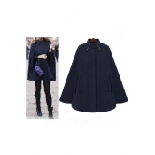 Women's Button Closure Asymmetrical Hem Black Cloak Coat Cape
