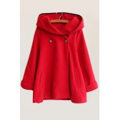 Fashion Double Breasted Hooded Long Sleeve Plain Cape with Two Pockets