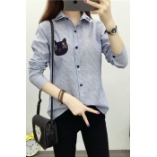 Women's Cat Embroidery Long Sleeve Striped Print Basic Casual Shirt