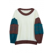 Preppy Style Long Sleeve Round Neck Color Block Loose Pullover Sweater
