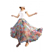 Full/ankle Length Elastic Pleated Retro Maxi Chiffon Bohemian Long Skirt