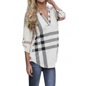 Women's Blouse Casual Plaid V Neck 3/4 Sleeve T-shirts Pullover Tops