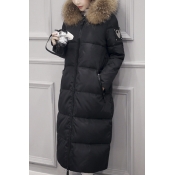Women's Winter Fur Hooded Zip Placket Warm Fashion Longline Padded Coat