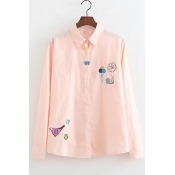 Women's Cute Cartoon Embroidery Long Sleeve Buttons Down Casual Shirt
