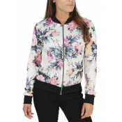 Fashion Contrast Stand-Up Collar Floral Printed Zipper Placket Bomber Jacket