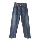 New Stylish High Waist Patchwork Asymmetric Hem Cropped Jeans
