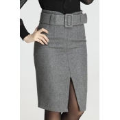 Office Lady Belt Waist High Rise Slit Front Midi Pencil Skirt