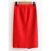 Women's Knit Plain Skirt Slit Back Midi Pencil Skirt