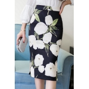 Women's High Rise Floral Print Chic Slit Side Pencil Midi Skirt