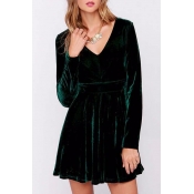 Sexy Chic Plunge V-Neck Long Sleeve Plain Mini A-Line Party Dress