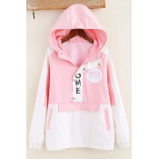 Peppy Style Hooded Zipper Front Long Sleeve Color Block Patchwork Coat with Buttons
