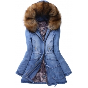 Women's Winter Fur Hooded Zip Placket Cotton Coat Denim Coat