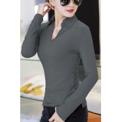 Women's V-Neck Long Sleeve Basic Plain Slim Cotton Top T-Shirt