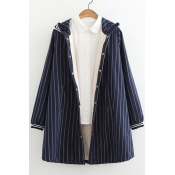 Women's Striped Print Letter Back Hooded Single Breasted Casual Coat