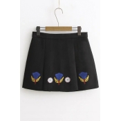 Women's Zip Fly Floral Embroidery Woolen A-Line Mini Skirt