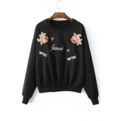 Fashion Embroidery Floral Animal Letter Pattern Elastic Waist Pullover Sweatshirt