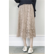Oversized Lace High Waist Plain Midi Pleated Skirt
