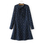 Fashion Tied Pleated Front Long Sleeve Letter Printed Swing Shirt Dress