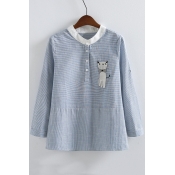 Women's Buttons Down Front Collarless Long Sleeve Striped Print Cat Embroidery Blouse