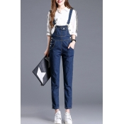 Peppy Style Straps Button Sides Basic Straight Denim Overalls