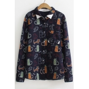 Lovely Colorful Cat Printed Lapel Single Breasted Button Down Shirt