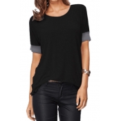 Women's Contrast Cuff Round Neck Short Sleeve Casual Loose Tee