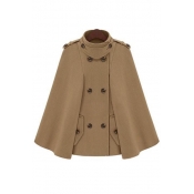 New Military Style Plain Double Breasted Cape Coat with Buttons