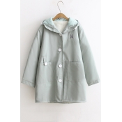 Women's Hooded Long Sleeve Rabbit Embroidery Casual Cotton Coat