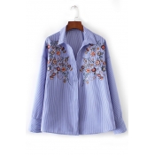 New Stylish Lapel Embroidery Floral Pattern Striped Shirt