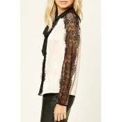 Sexy Lace Patchwork Long Sleeve Single Breasted Color Block Button Down Shirt