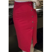 Women's Fashion High Rise Buttons Down Side Bodycon Midi Pencil Skirt