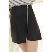 Women's Fashion Zip Fly Black Basic A-Line PU High Rise Mini Skirt