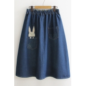 Cute Rabbit Embroidery Elastic Waist Women's Denim A-Line Midi Skirt