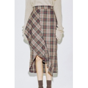Women's Fashion Retro Plaid Print Side Slit Asymmetrical Hem Midi Skirt