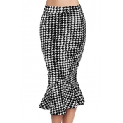 Women's Fashion Houndstooth Print Fishtail Hem Midi Pencil Skirt