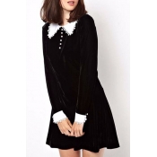 New Stylish Contrast Lapel Long Sleeve Plain A-Line Mini Dress with Buttons