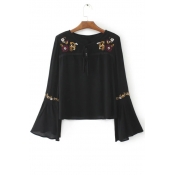 New Stylish Tied Neck Embroidery Floral Pattern Bell Long Sleeve Blouse Top