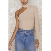 Sexy Round Neck One Long Shoulder Plain Pullover Sweater