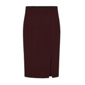 Office Lady High Rise Plain Slit Side Wrap Pencil Woolen Midi Skirt