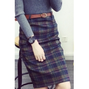 Women's Belt Waist Classic Plaid Print Woolen Midi Pencil Skirt