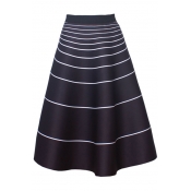 Women's High Rise Striped Print Color Block A-Line Flare Midi Skirt