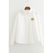 Women's Basic Cat Embroidery Long Sleeve Lapel Collar Casual Shirt