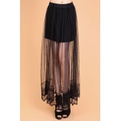 Sexy Lace Mesh Patchwork Elastic Waist Plain  Maxi Skirt