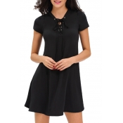 Women's Casual V Neck Lace Up Short Sleeve A-Line Swing Mini Dress