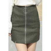 Women's Winter Basic Zip Fly Bodycon Pencil Mini Skirt with Pockets