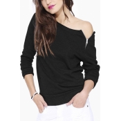 Women Fashion Zipper Neck Long Sleeve Plain Casual T-Shirts Tops Blouse